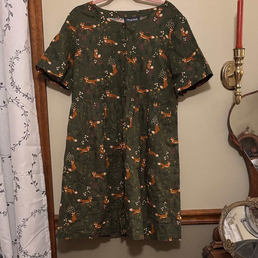 Modcloth Forest Green Fox Pattern Midi Dress - image 6